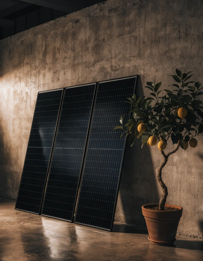 Schwarze Glas-Glas-Solarmodule an einer Betonwand im Studio, daneben ein Zitronenbaum im Terrakotta-Topf