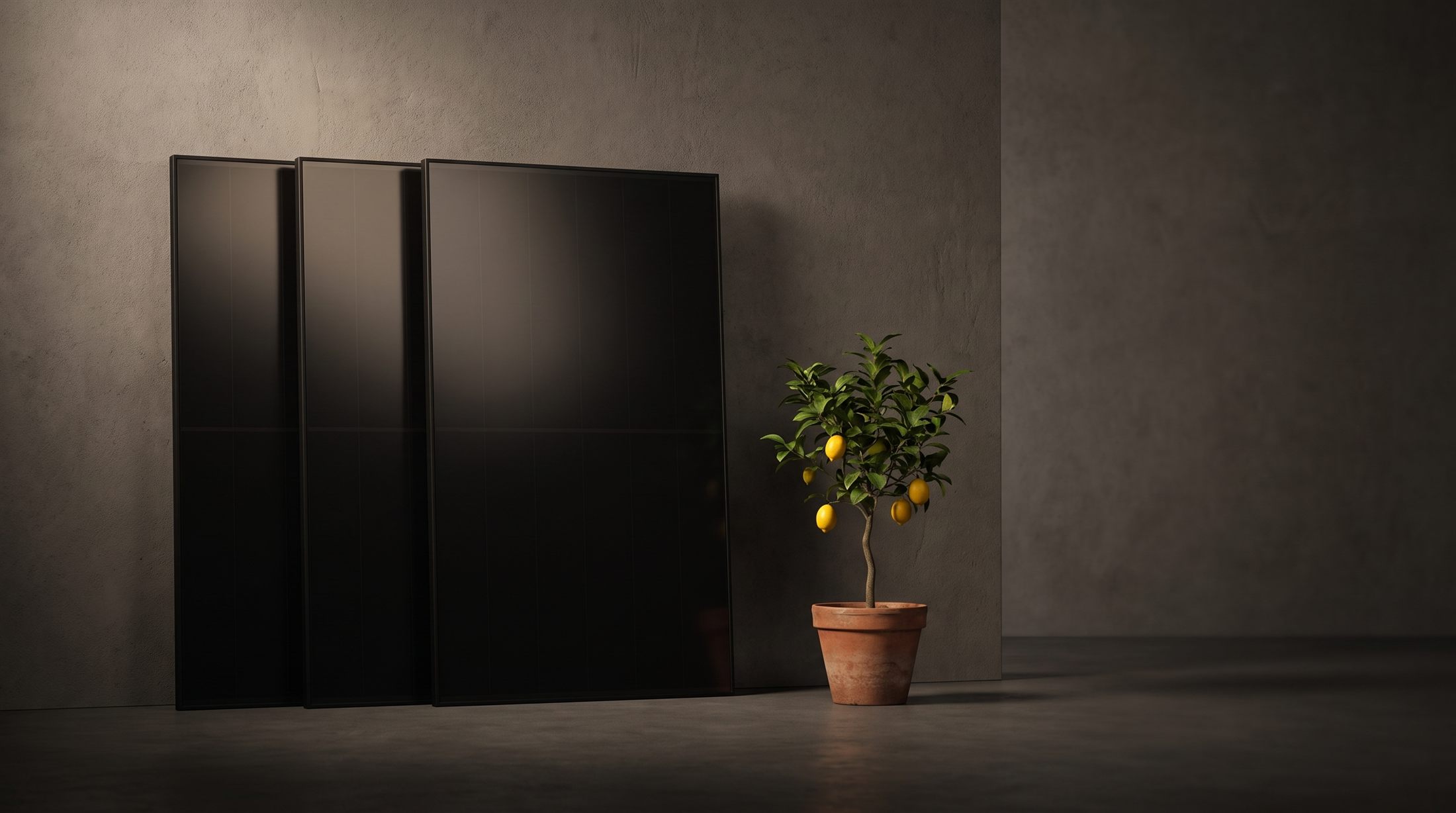 Drei schwarze 480-Watt-Solarmodule mit Back-Contact-Technologie in einem dunklen Studio, daneben ein Zitronenbaum im Terrakotta-Topf
